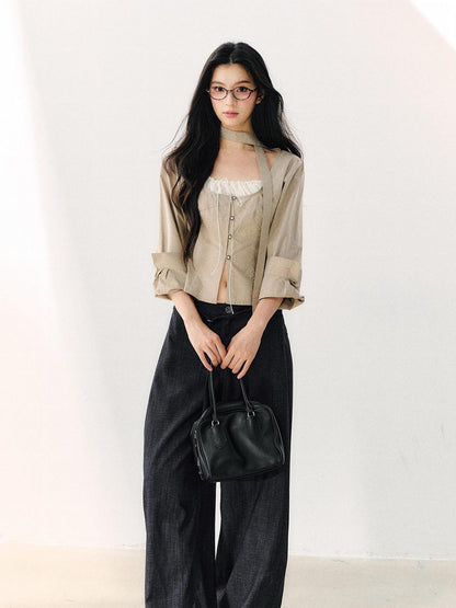7Shiftin Khaki Tie Square Neck Faux Two Piece Spliced Women&