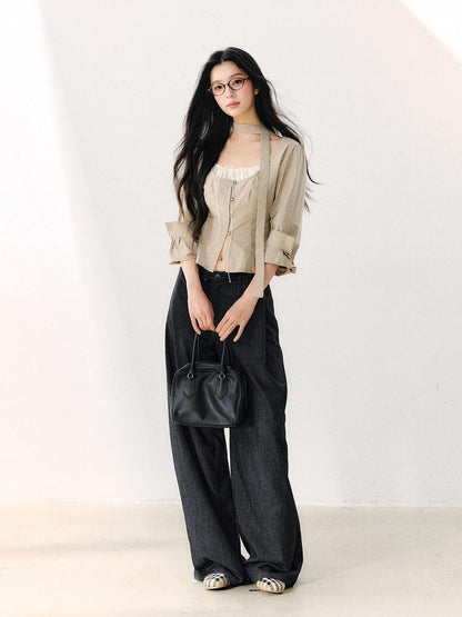 7Shiftin Khaki Tie Square Neck Faux Two Piece Spliced Women&