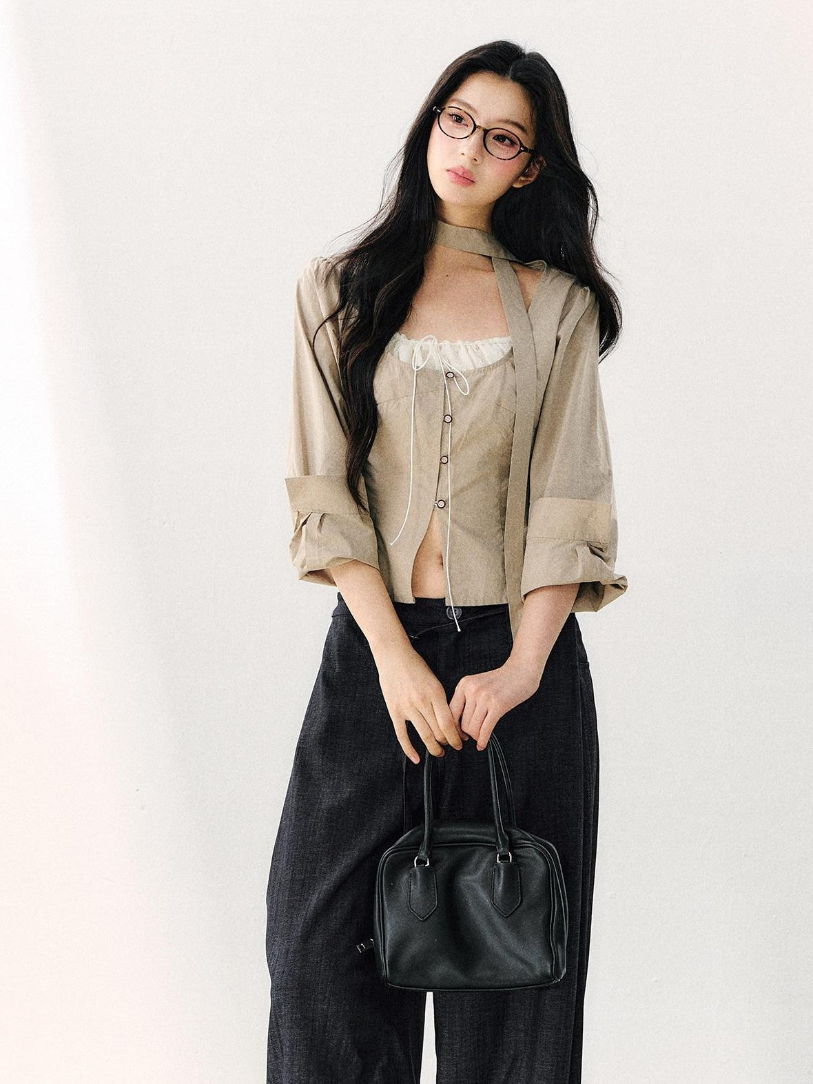 7Shiftin Khaki Tie Square Neck Faux Two Piece Spliced Women&