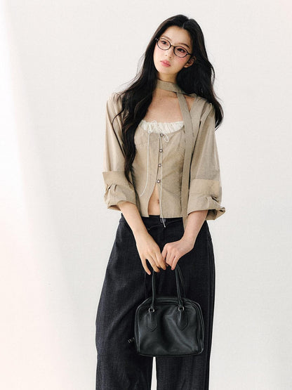 7Shiftin Khaki Tie Square Neck Faux Two Piece Spliced Women&