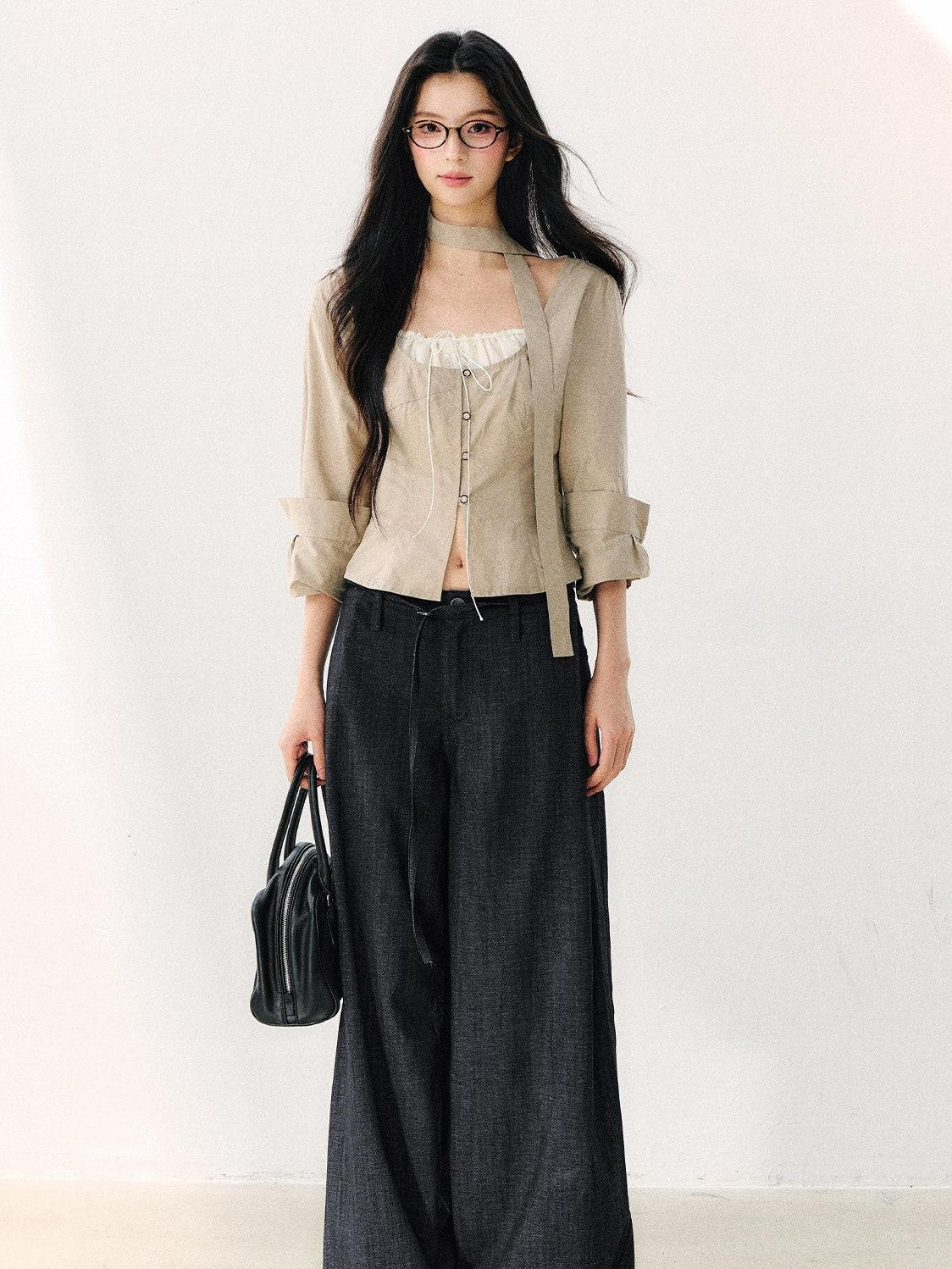 7Shiftin Khaki Tie Square Neck Faux Two Piece Spliced Women&