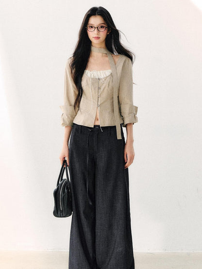 7Shiftin Khaki Tie Square Neck Faux Two Piece Spliced Women&