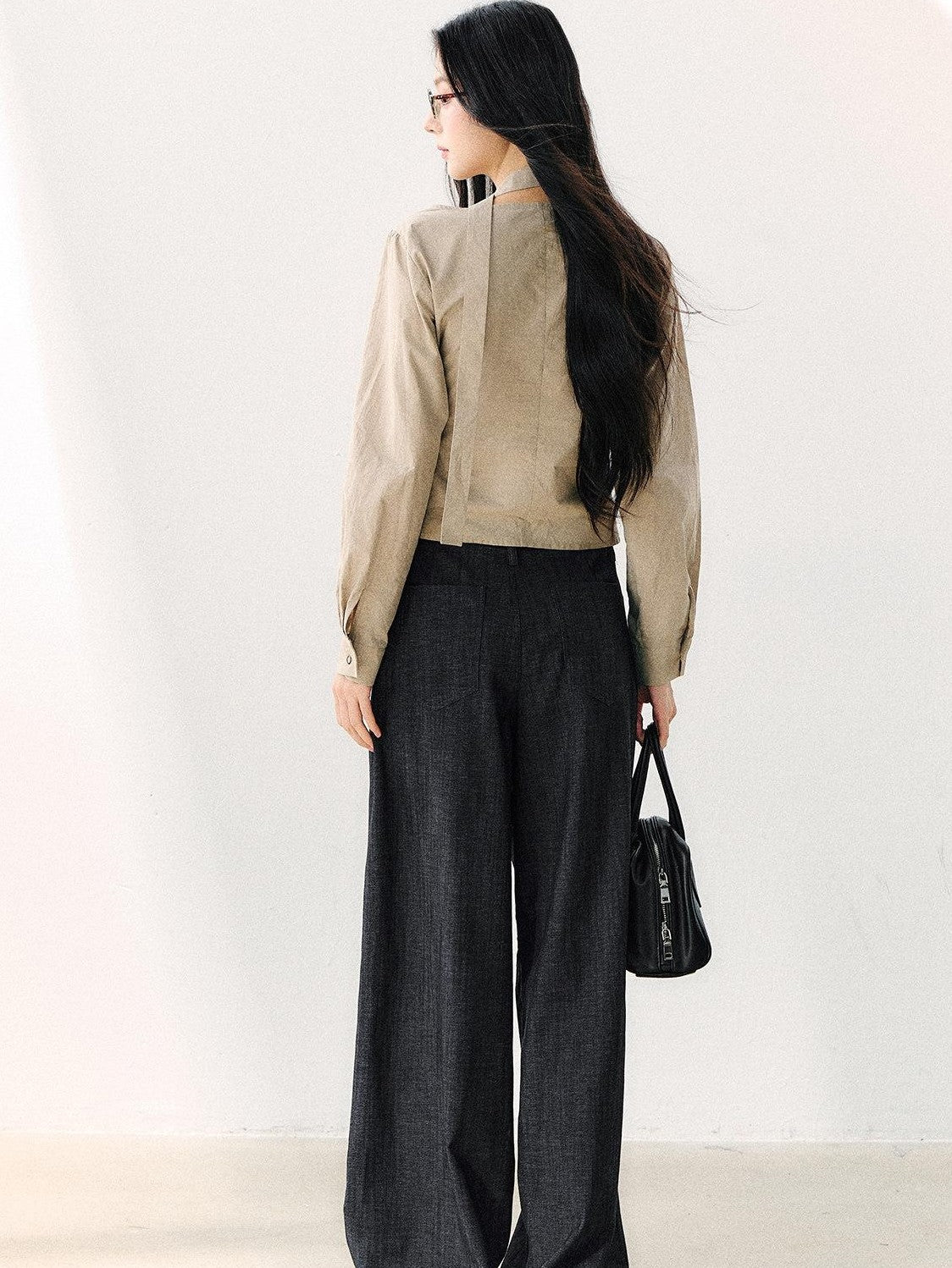 7Shiftin Khaki Tie Square Neck Faux Two Piece Spliced Women&