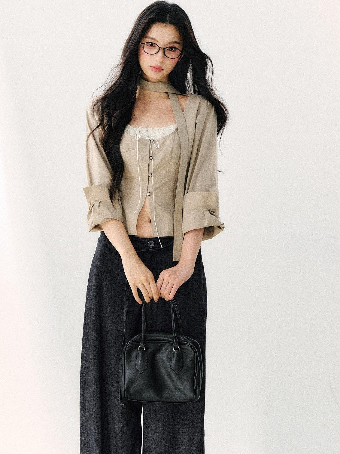 7Shiftin Khaki Tie Square Neck Faux Two Piece Spliced Women&
