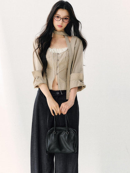 7Shiftin Khaki Tie Square Neck Faux Two Piece Spliced Women&