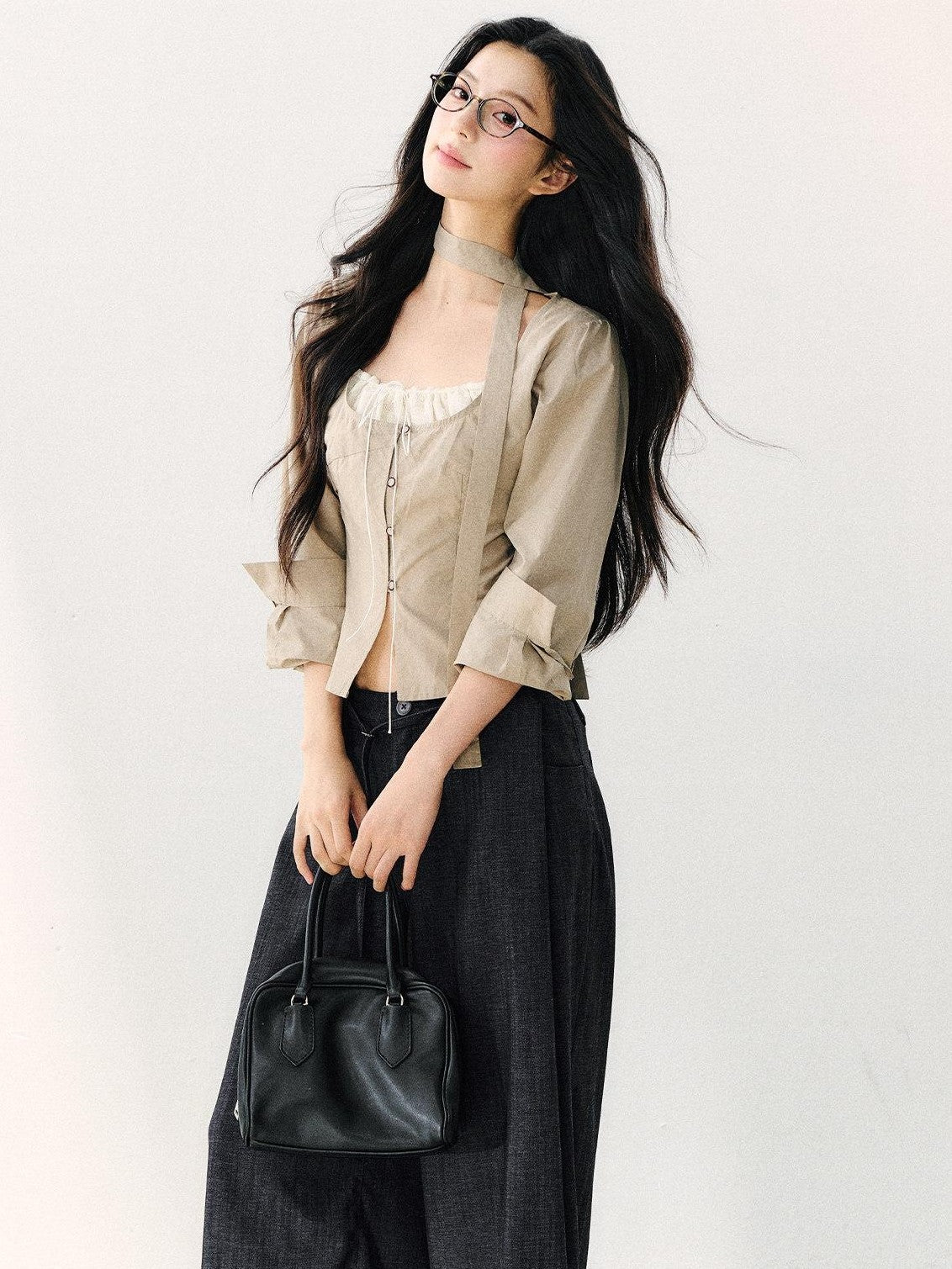 7Shiftin Khaki Tie Square Neck Faux Two Piece Spliced Women&