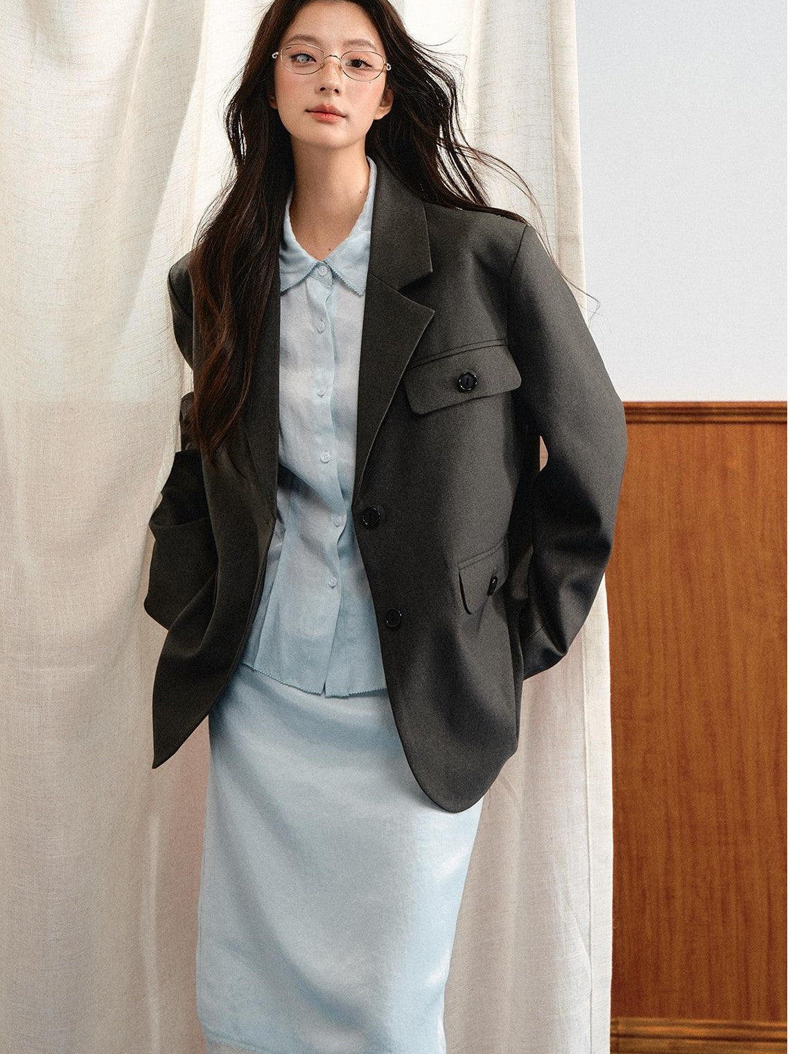 7Shiftin Korean Buttoned Mid Length Long Sleeve Loose Casual Women&