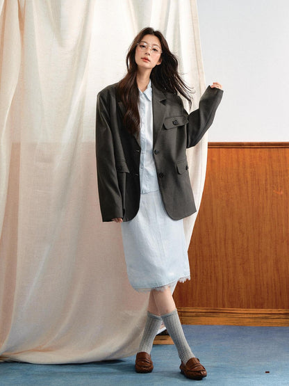 7Shiftin Korean Buttoned Mid Length Long Sleeve Loose Casual Women&