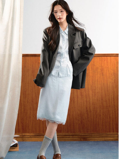 7Shiftin Korean Buttoned Mid Length Long Sleeve Loose Casual Women&