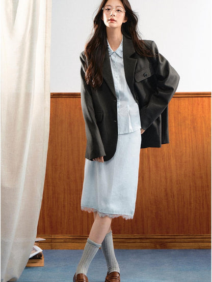 7Shiftin Korean Buttoned Mid Length Long Sleeve Loose Casual Women&