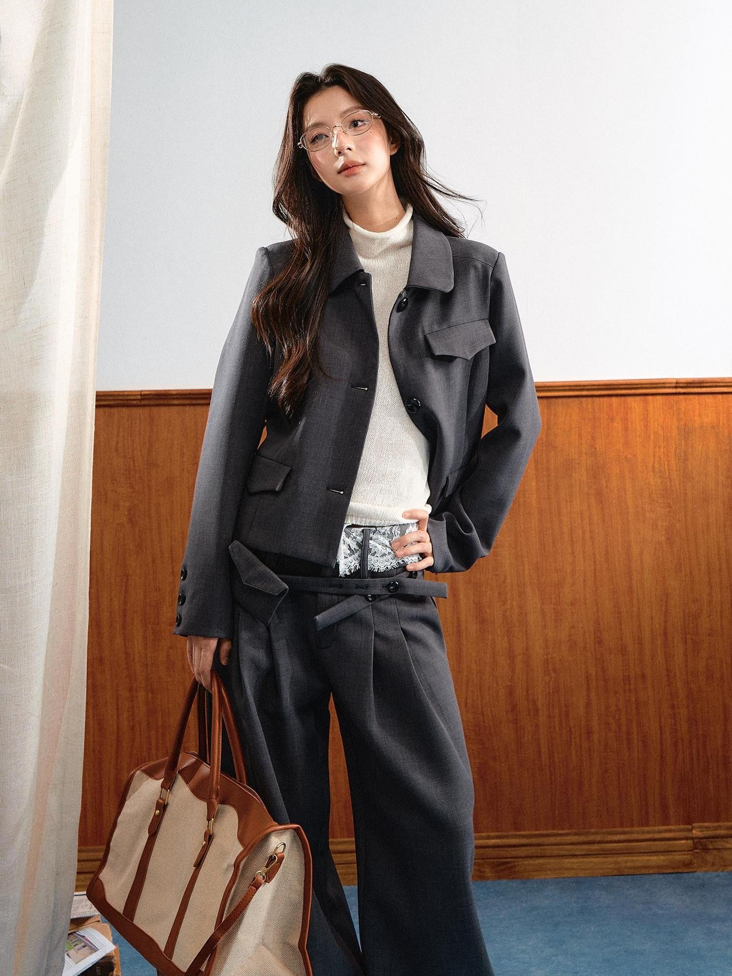 7Shiftin Lace Waistband Lapel Relaxed Korean Vintage Women&