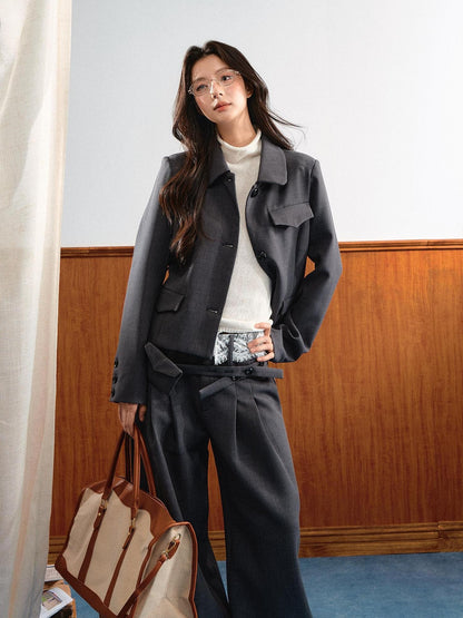 7Shiftin Lace Waistband Lapel Relaxed Korean Vintage Women&