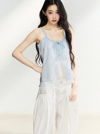 7Shiftin Layered Two Piece Tie Bow Sheer Cardigan Women&