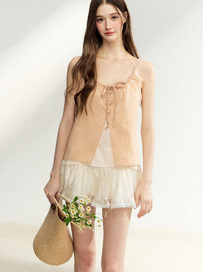 7Shiftin Layered Two Piece Tie Bow Sheer Cardigan Women&