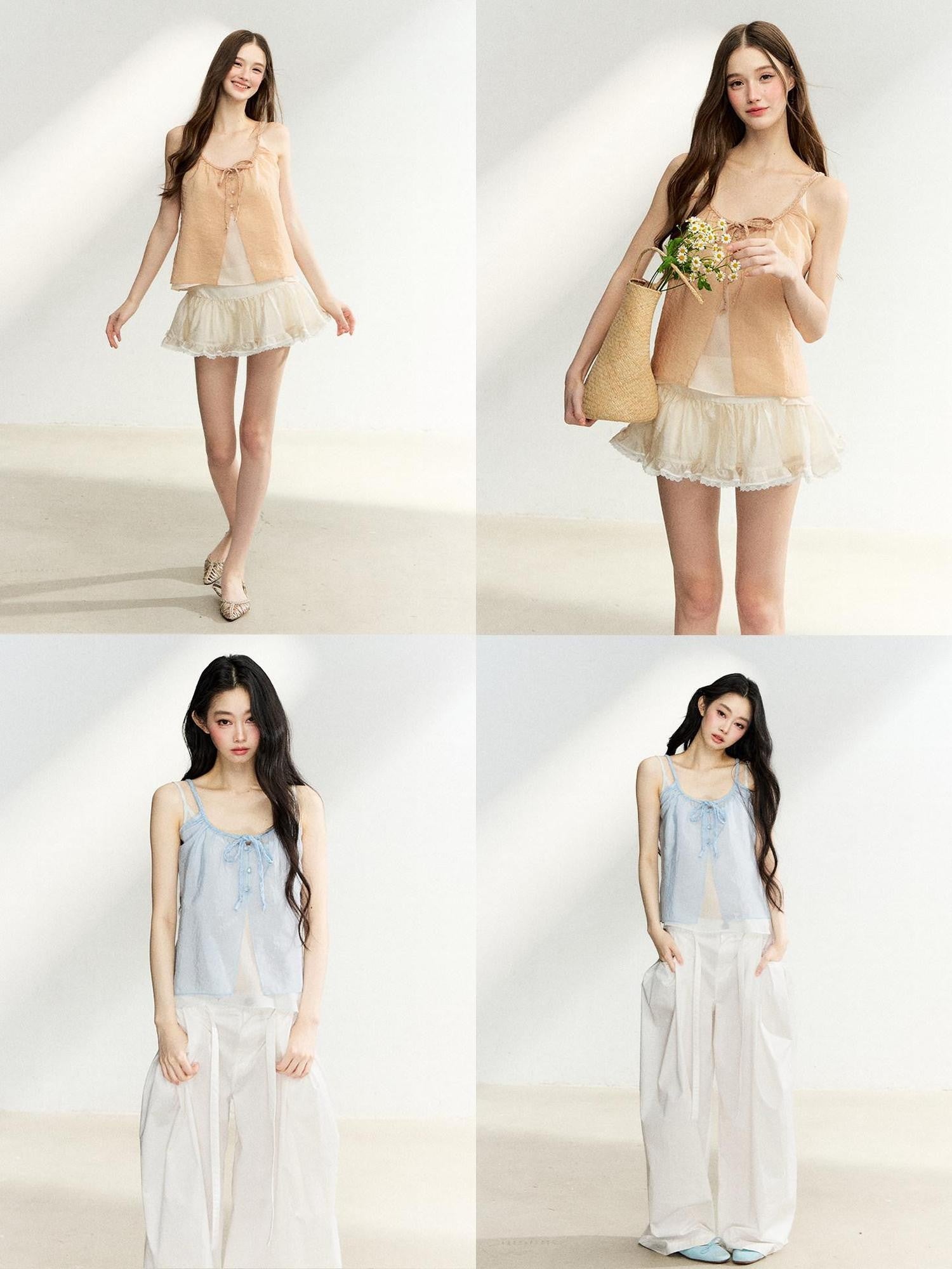 7Shiftin Layered Two Piece Tie Bow Sheer Cardigan Women&