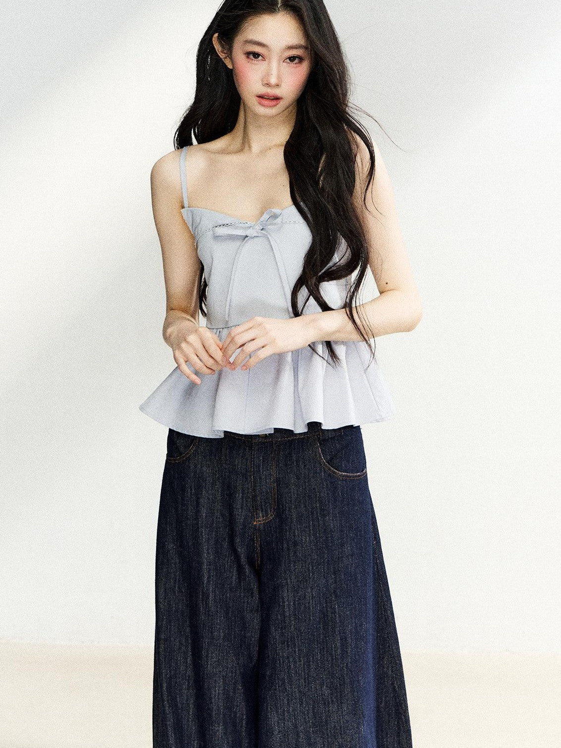 7Shiftin Light Blue Ruffle Bow Lace Cinched Waist Women&