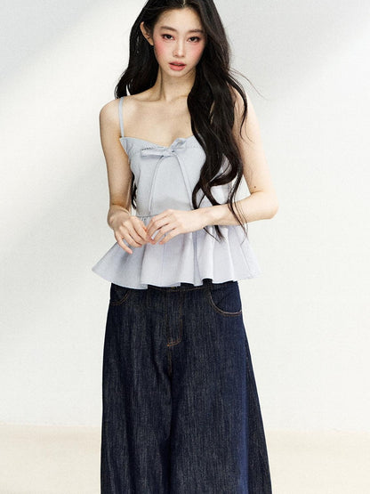 7Shiftin Light Blue Ruffle Bow Lace Cinched Waist Women&