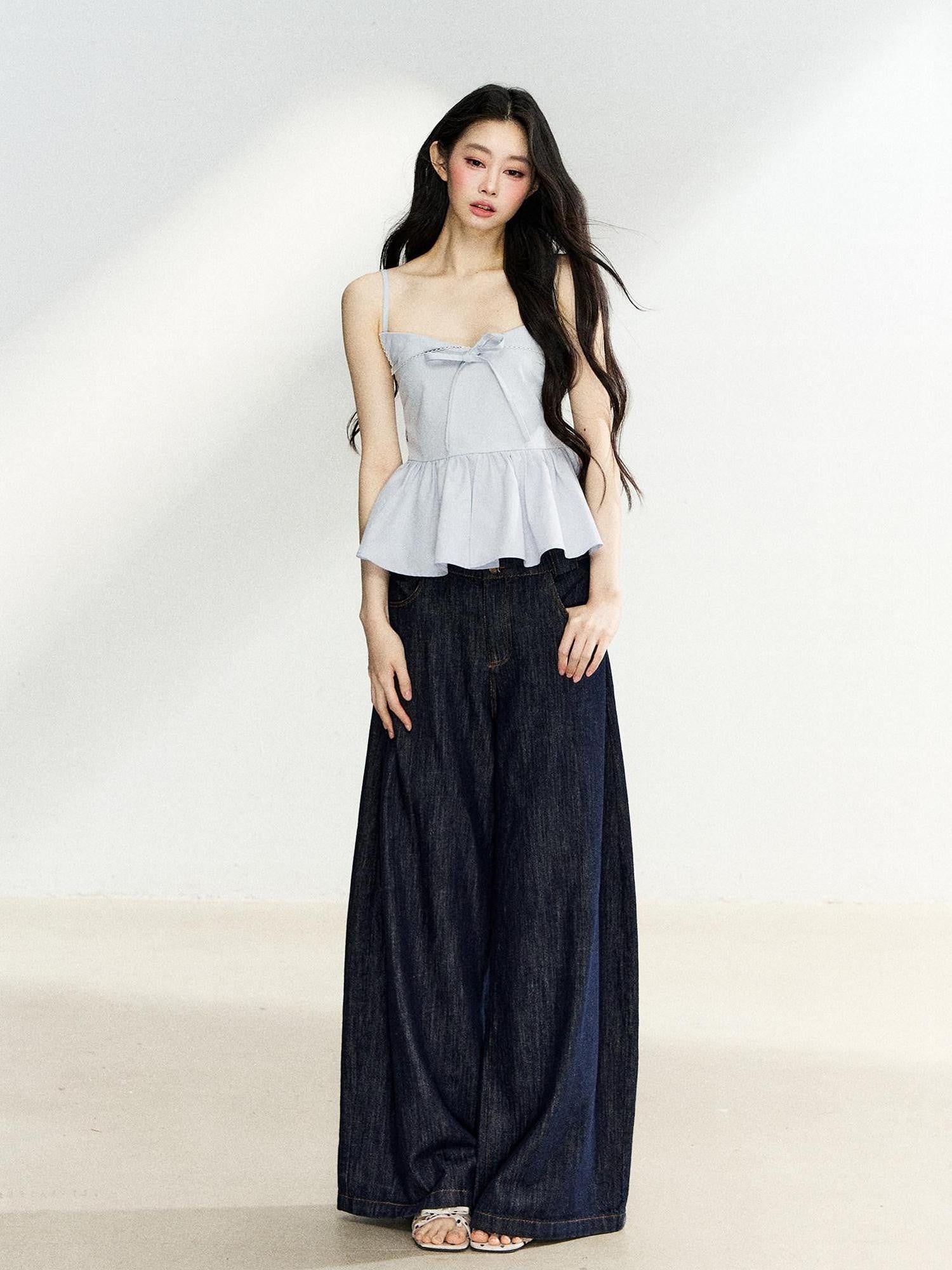 7Shiftin Light Blue Ruffle Bow Lace Cinched Waist Women&