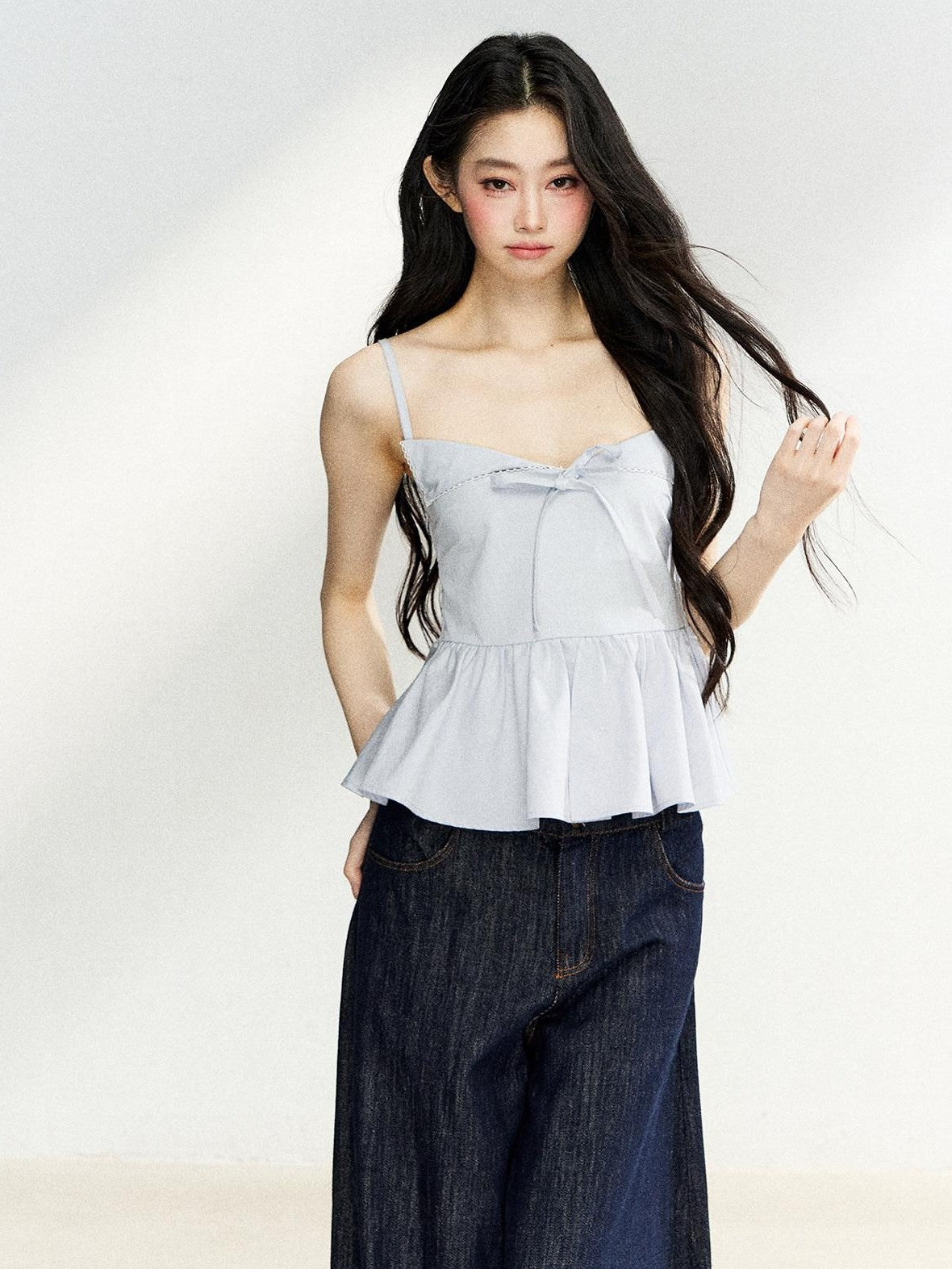 7Shiftin Light Blue Ruffle Bow Lace Cinched Waist Women&
