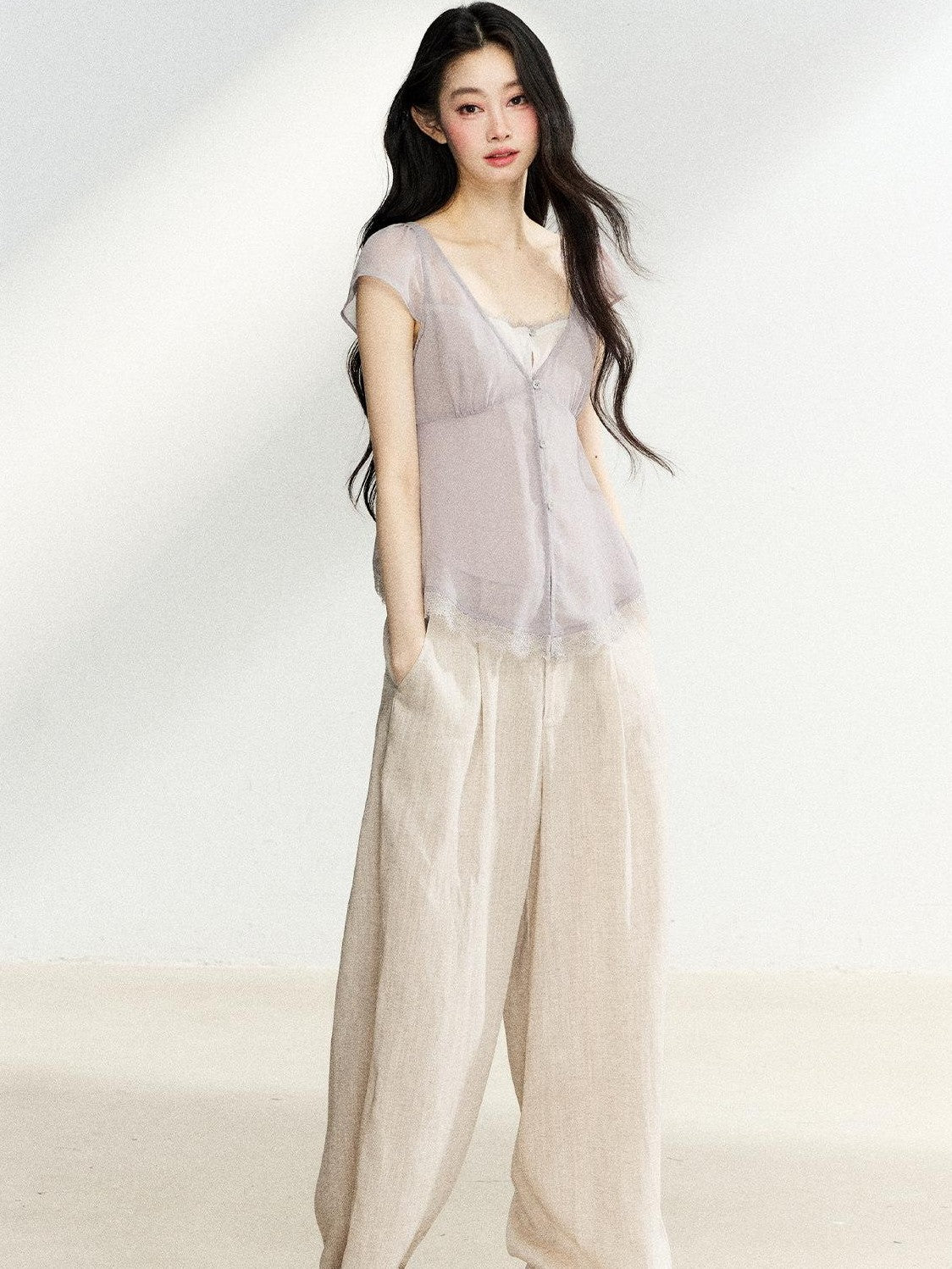 7Shiftin Light Khaki High Waist Draped Loose Women&