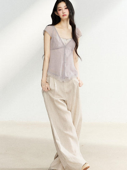 7Shiftin Lilac Lace Trim Cinched V-neck Faux Layered Women&