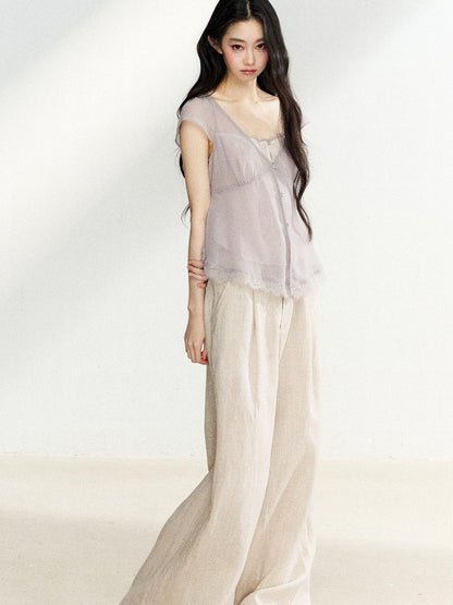 7Shiftin Lilac Lace Trim Cinched V-neck Faux Layered Women&