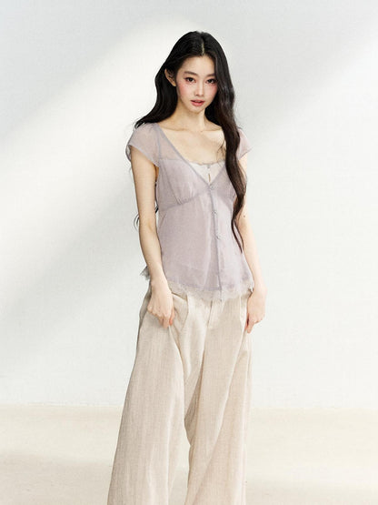 7Shiftin Lilac Lace Trim Cinched V-neck Faux Layered Women&