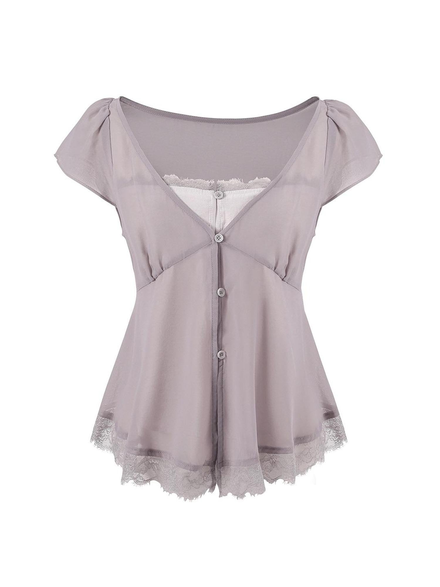 7Shiftin Lilac Lace Trim Cinched V-neck Faux Layered Women&