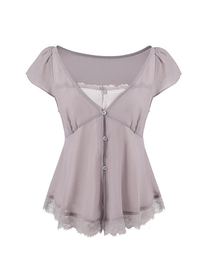 7Shiftin Lilac Lace Trim Cinched V-neck Faux Layered Women&