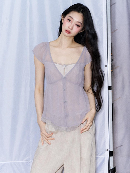 7Shiftin Lilac Lace Trim Cinched V-neck Faux Layered Women&