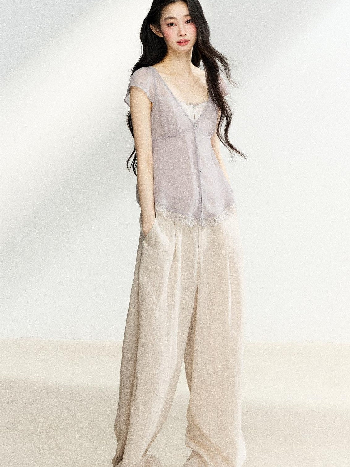 7Shiftin Lilac Lace Trim Cinched V-neck Faux Layered Women&