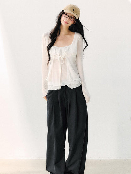 7Shiftin Long Sleeve Bowknot Tie Slim Fit Two Piece Women&