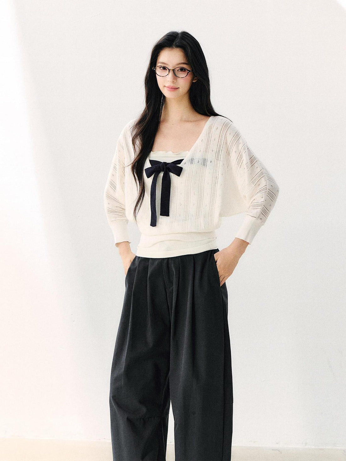 7Shiftin Minimal Casual Bow Cutout Two Piece Waist Cinch Women&