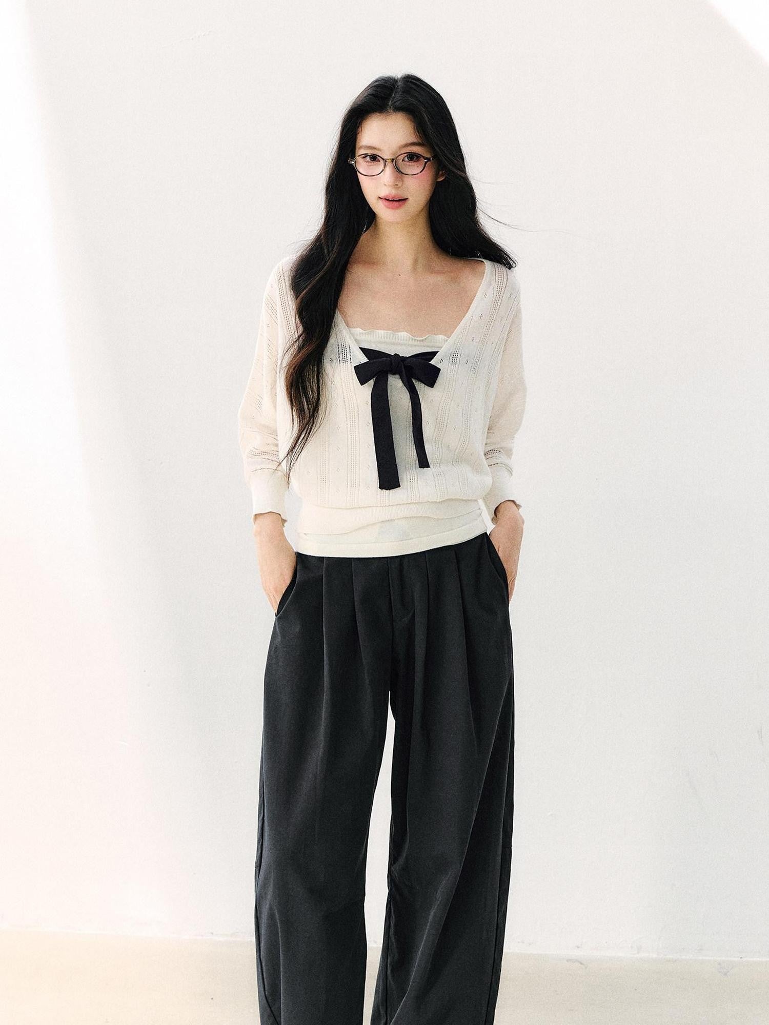 7Shiftin Minimal Casual Bow Cutout Two Piece Waist Cinch Women&