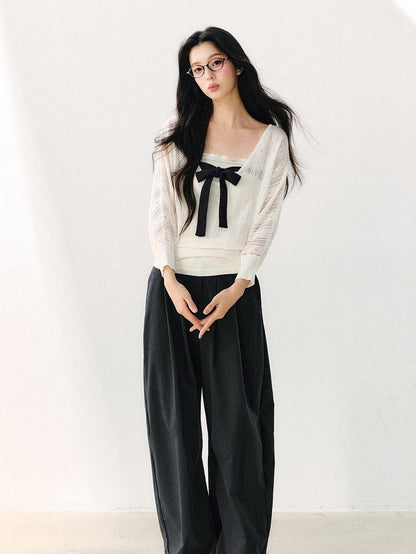 7Shiftin Minimal Casual Bow Cutout Two Piece Waist Cinch Women&