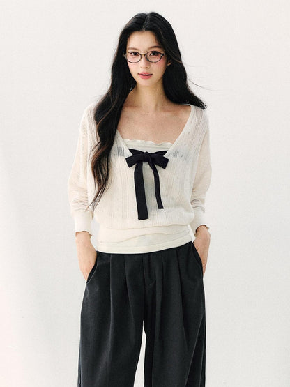 7Shiftin Minimal Casual Bow Cutout Two Piece Waist Cinch Women&