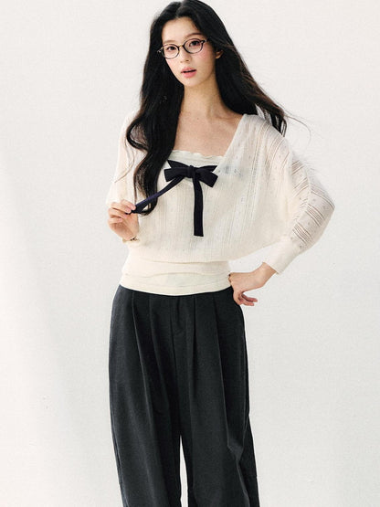 7Shiftin Minimal Casual Bow Cutout Two Piece Waist Cinch Women&
