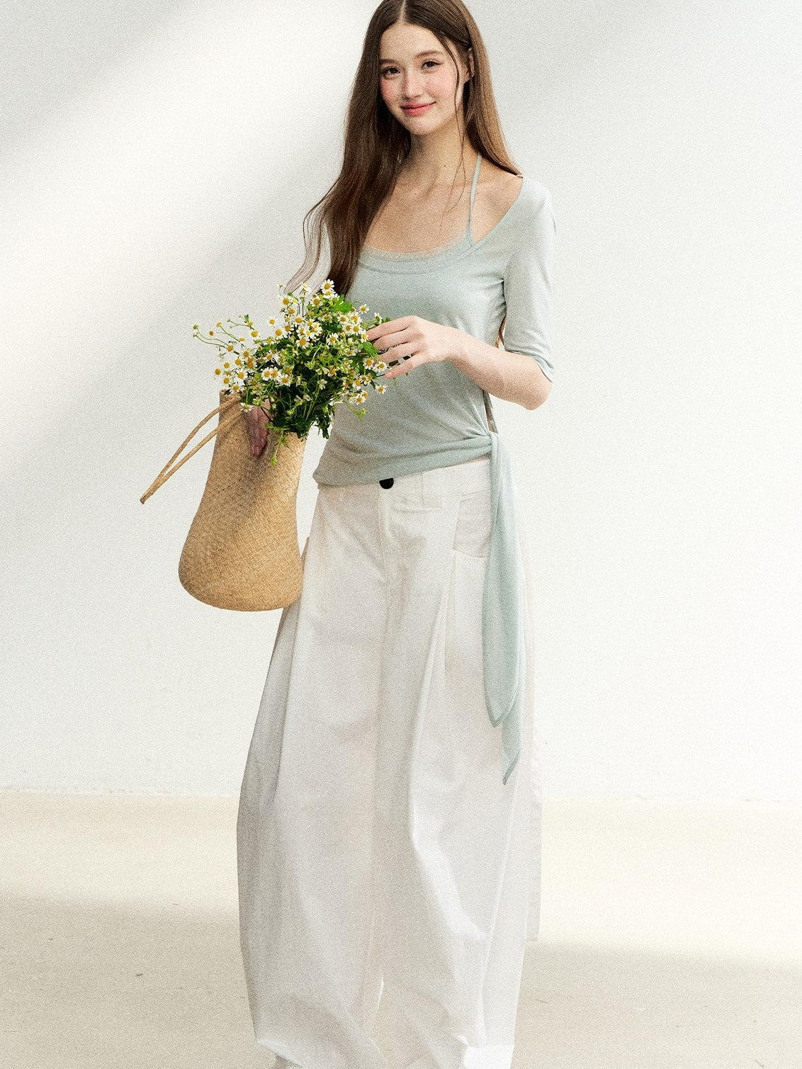 7Shiftin Mist Green Square Neck Tie Waist Slimming Women&