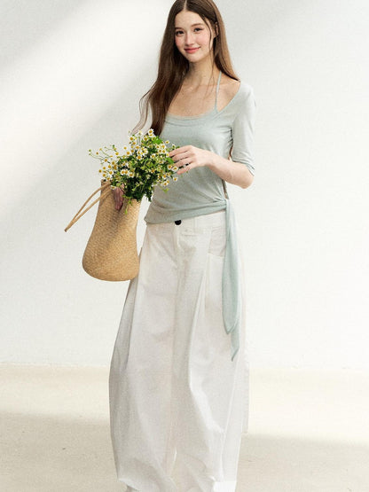 7Shiftin Mist Green Square Neck Tie Waist Slimming Women&