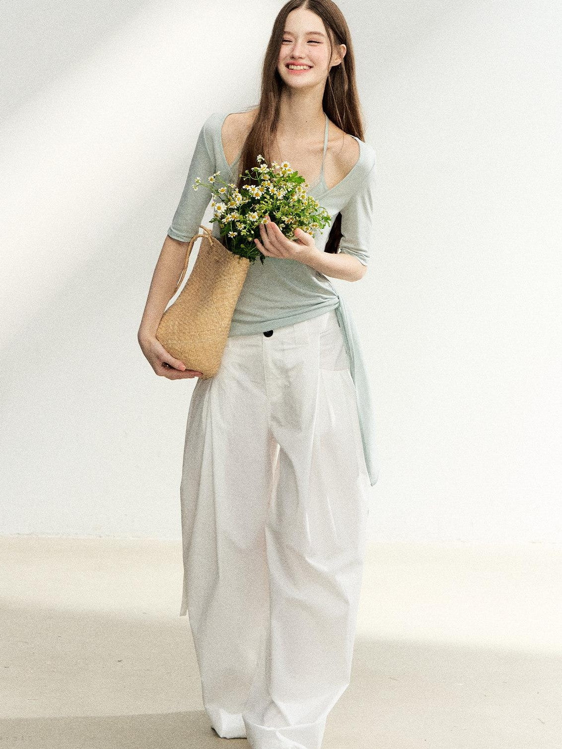 7Shiftin Mist Green Square Neck Tie Waist Slimming Women&