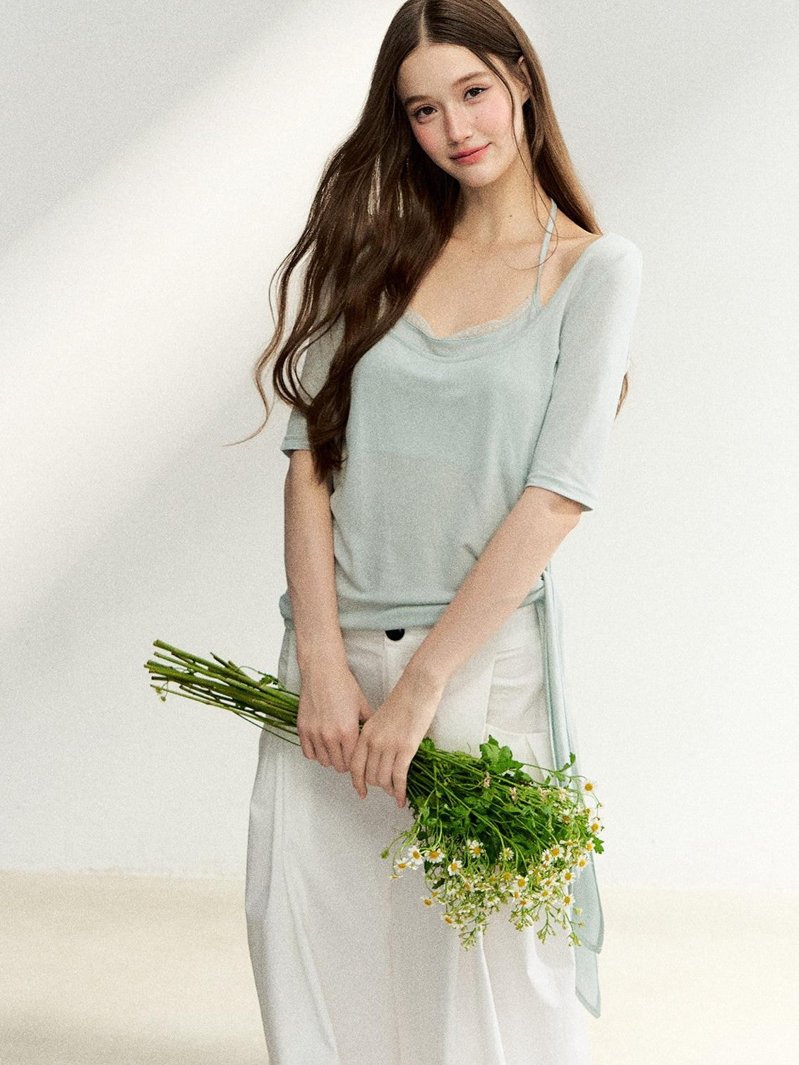 7Shiftin Mist Green Square Neck Tie Waist Slimming Women&