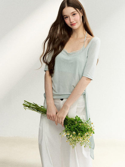 7Shiftin Mist Green Square Neck Tie Waist Slimming Women&