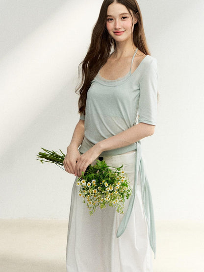 7Shiftin Mist Green Square Neck Tie Waist Slimming Women&