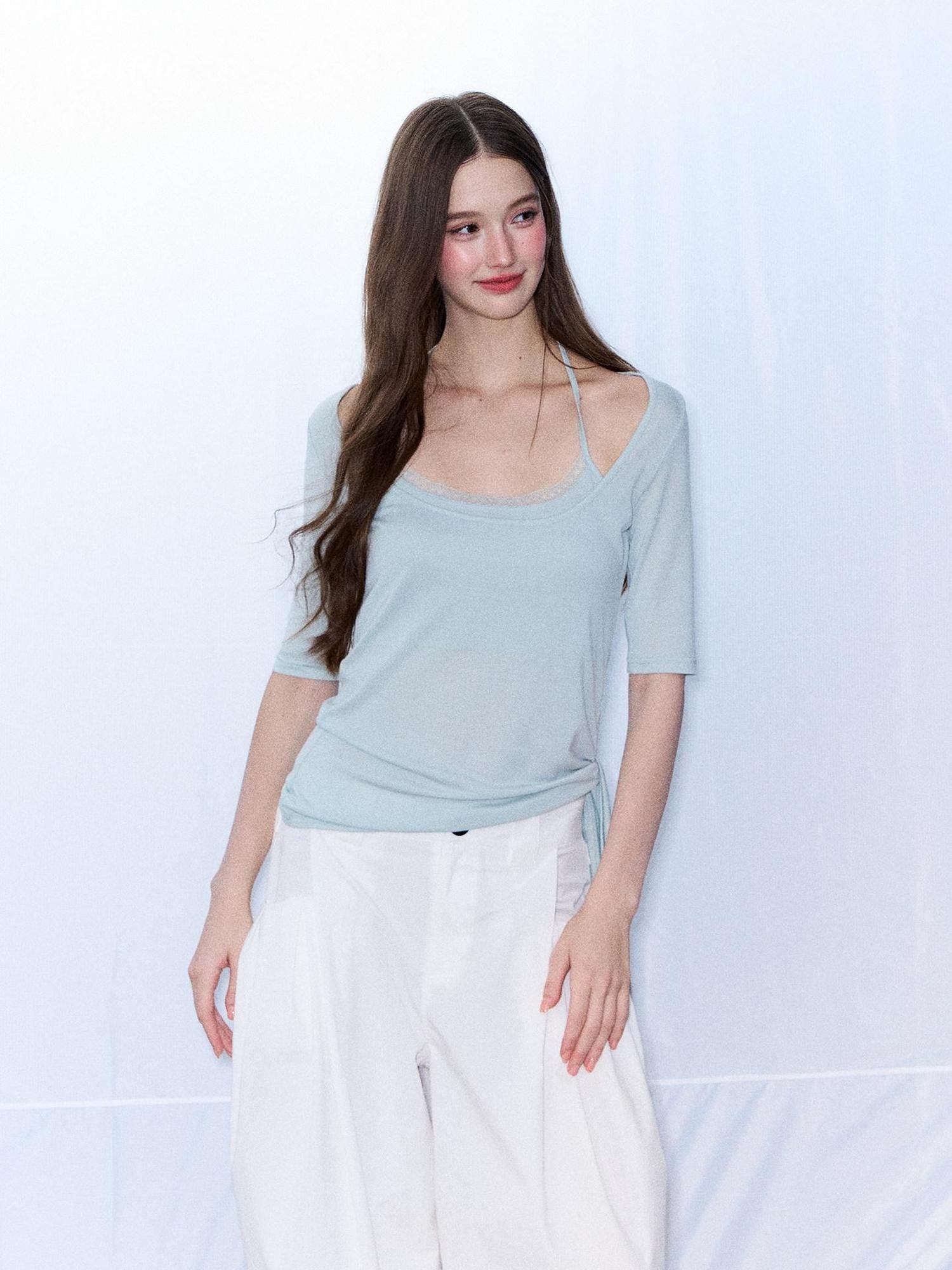 7Shiftin Mist Green Square Neck Tie Waist Slimming Women&