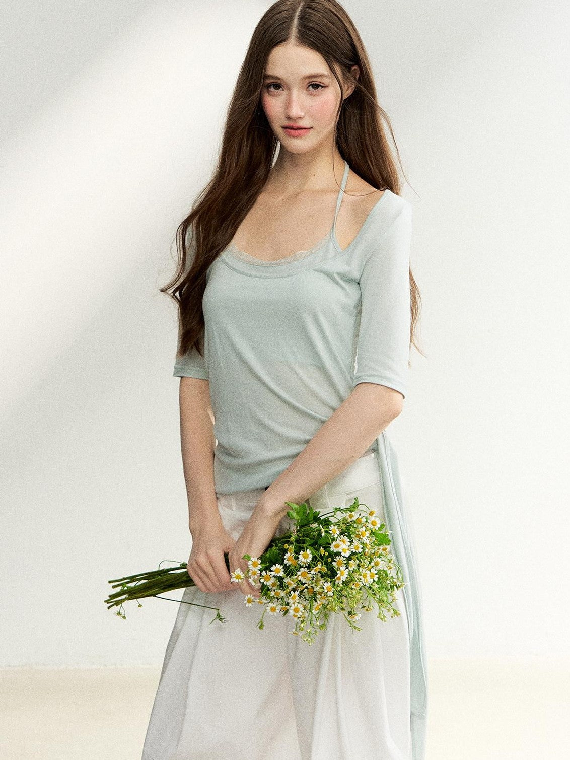 7Shiftin Mist Green Square Neck Tie Waist Slimming Women&