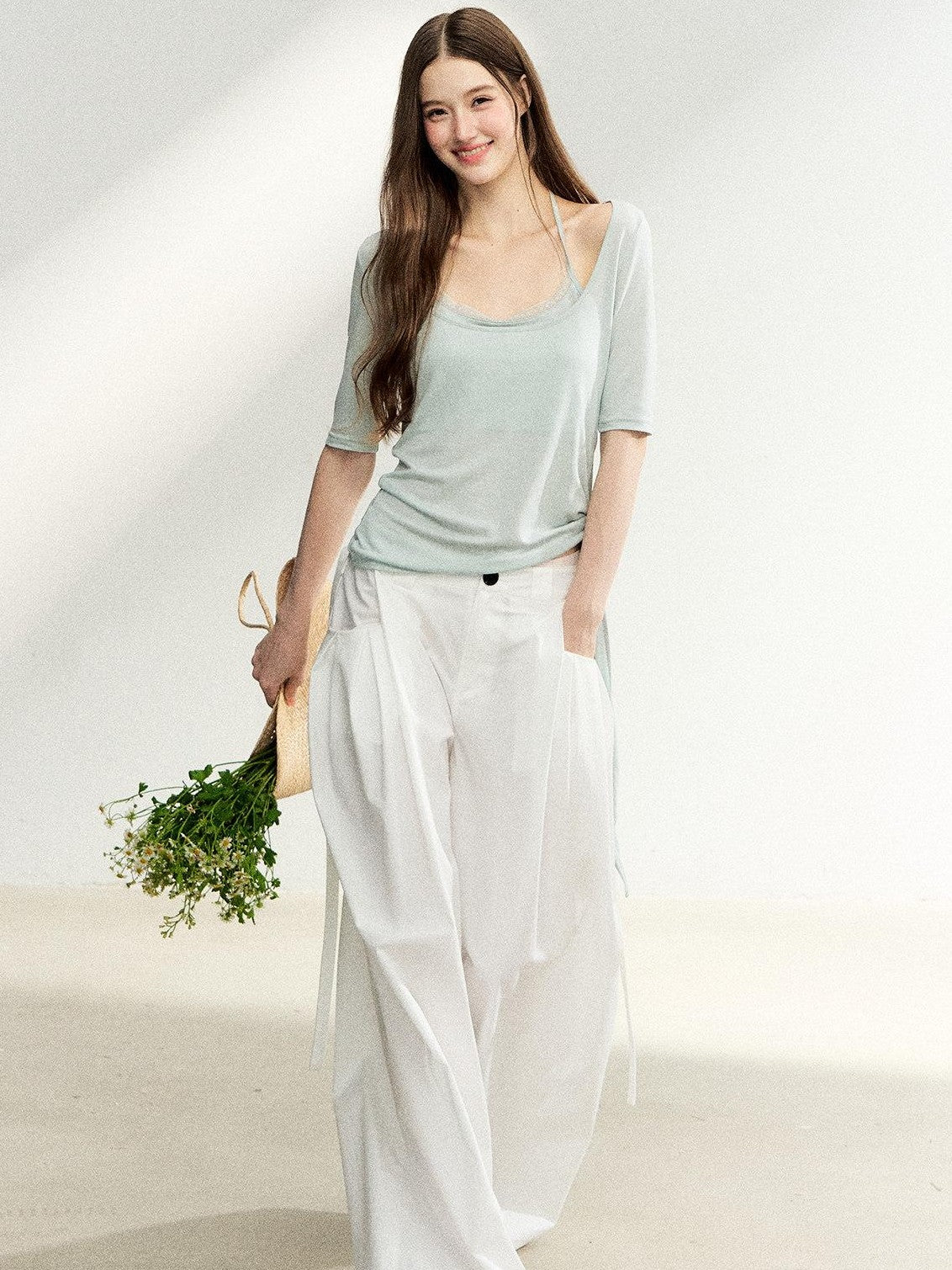 7Shiftin Mist Green Square Neck Tie Waist Slimming Women&