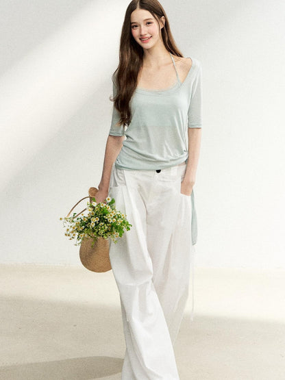 7Shiftin Mist Green Square Neck Tie Waist Slimming Women&