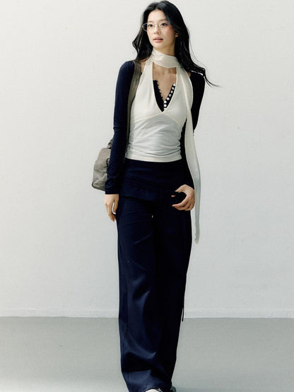 7Shiftin Navy Folded Waist Low Rise Drapey Women&