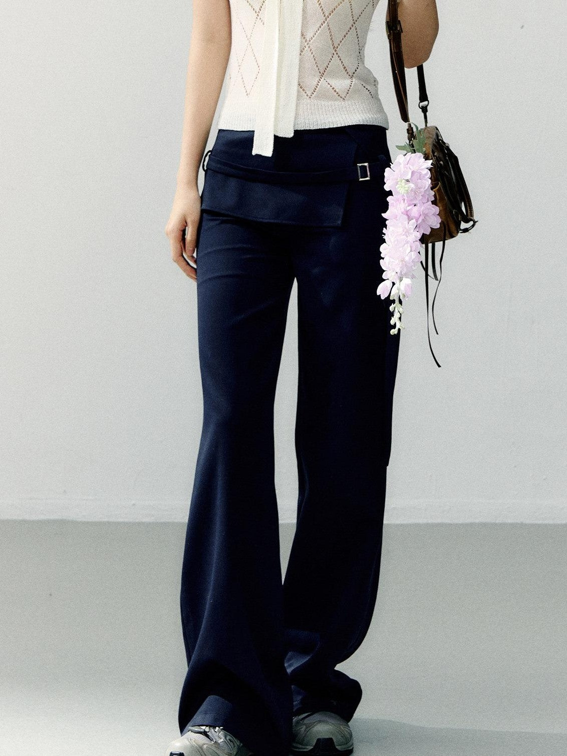 7Shiftin Navy Folded Waist Low Rise Drapey Women&