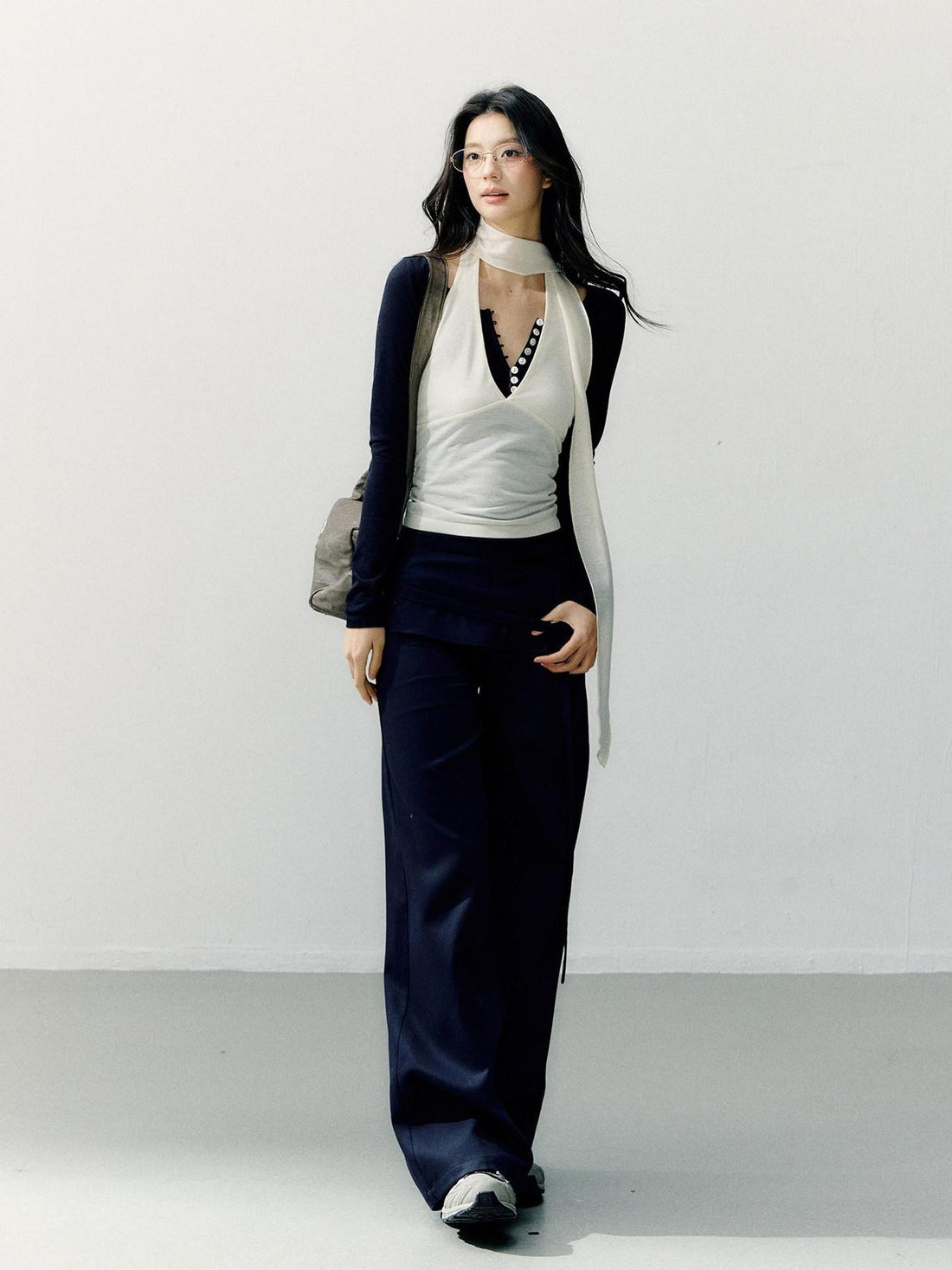 7Shiftin Navy Folded Waist Low Rise Drapey Women&
